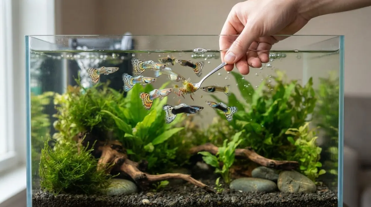 Healthy guppies feeding on small high-quality tropical fish food in a planted aquarium