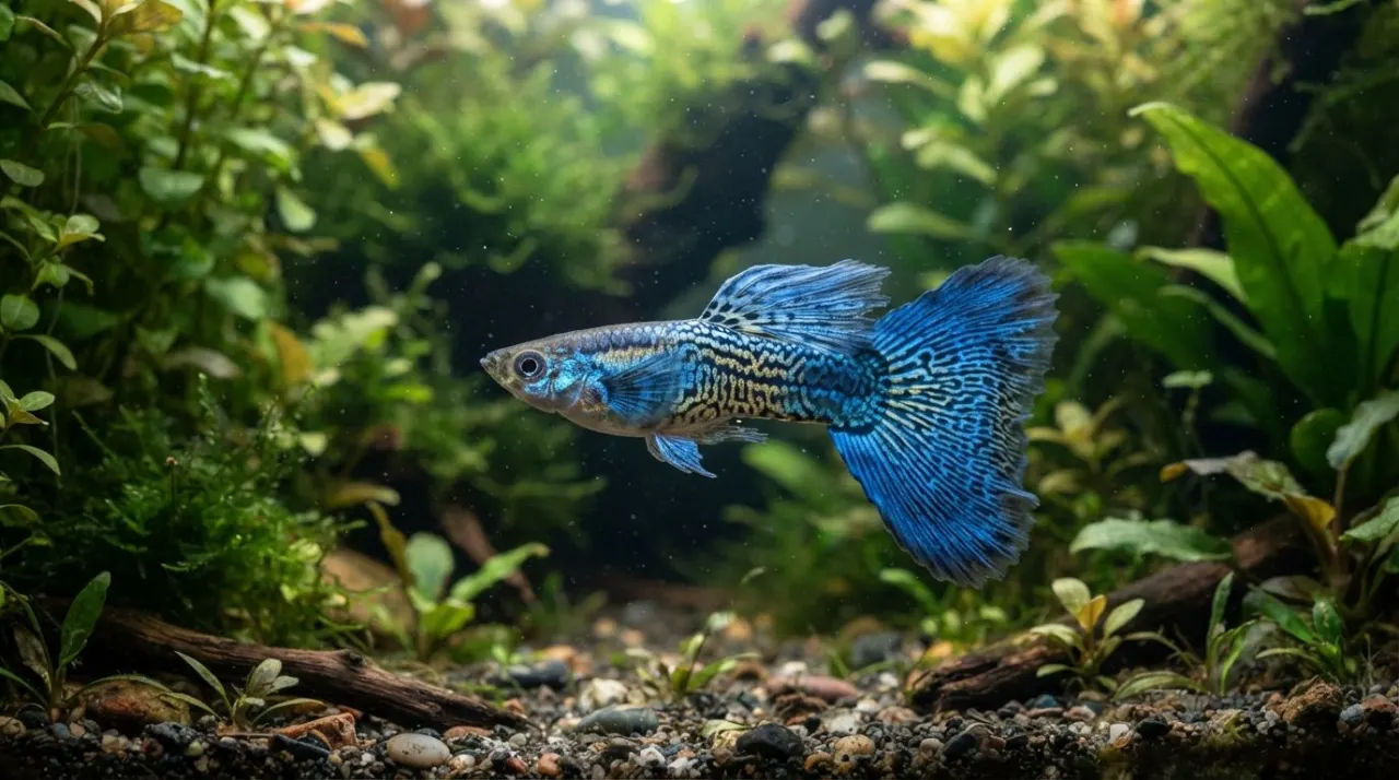 Blue Cobra Guppy showing its signature color and pattern in a planted freshwater aquarium