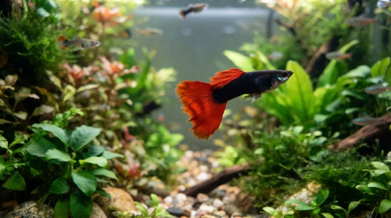 Red Tuxedo Guppy showing its signature color and pattern in a planted freshwater aquarium
