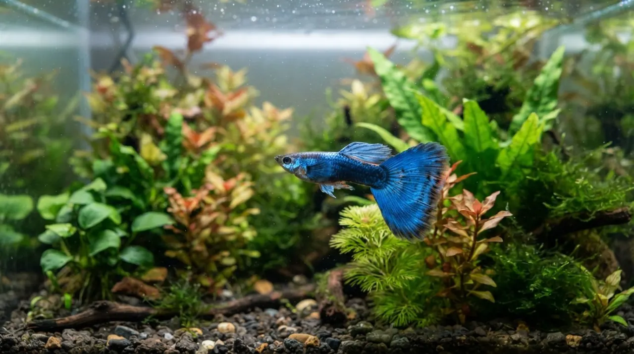 Blue Tuxedo Guppy showing its signature color and pattern in a planted freshwater aquarium