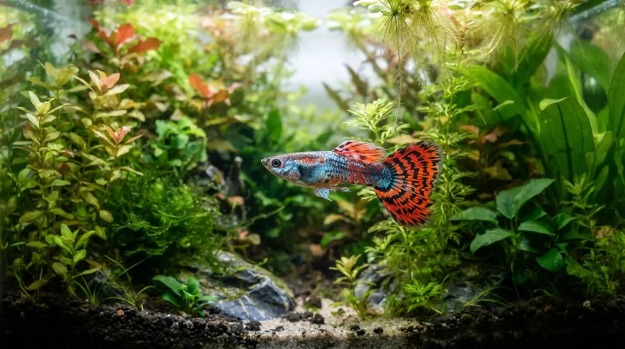 Red Mosaic Guppy showing its signature color and pattern in a planted freshwater aquarium
