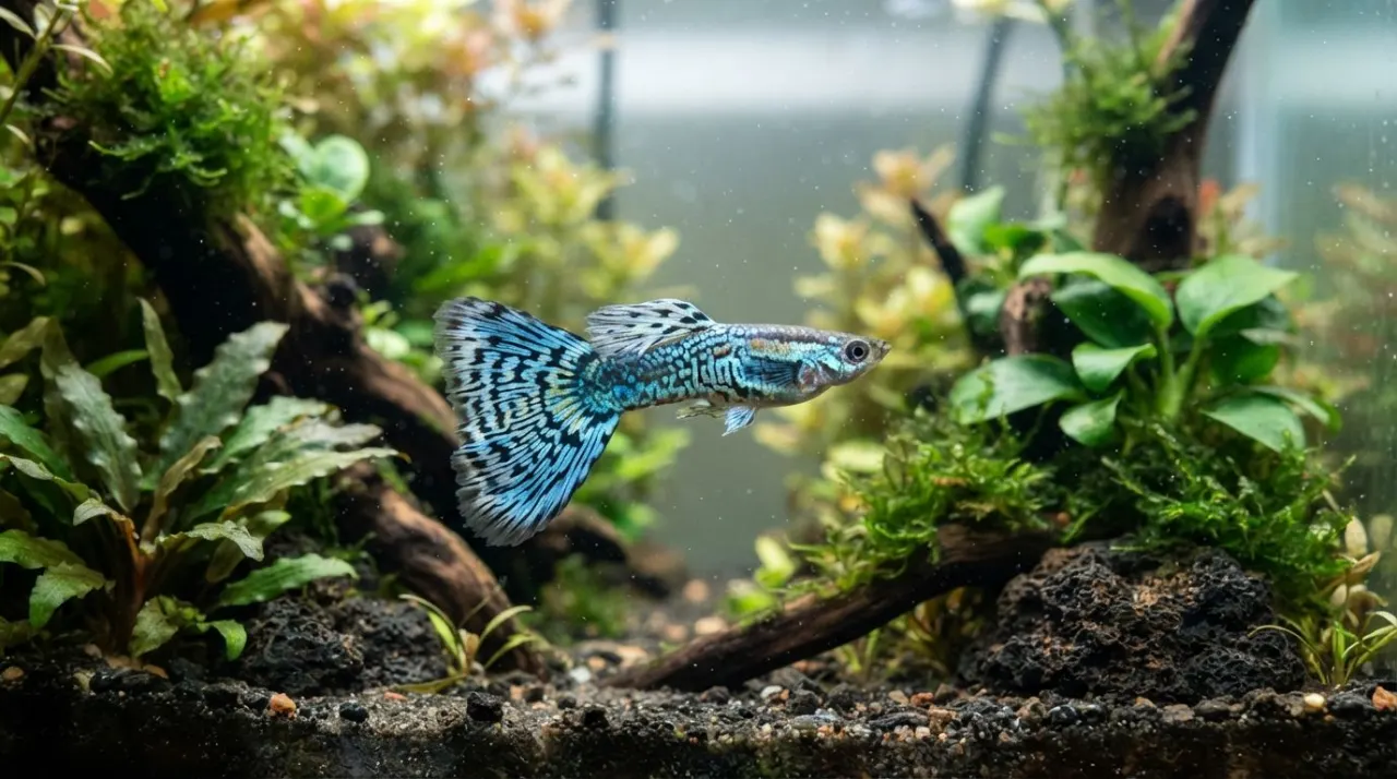 Blue Mosaic Guppy showing its signature color and pattern in a planted freshwater aquarium