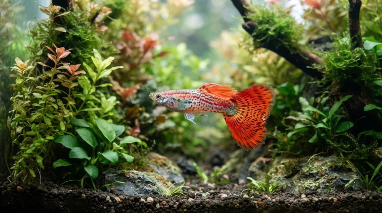 Red Grass Guppy showing its signature color and pattern in a planted freshwater aquarium