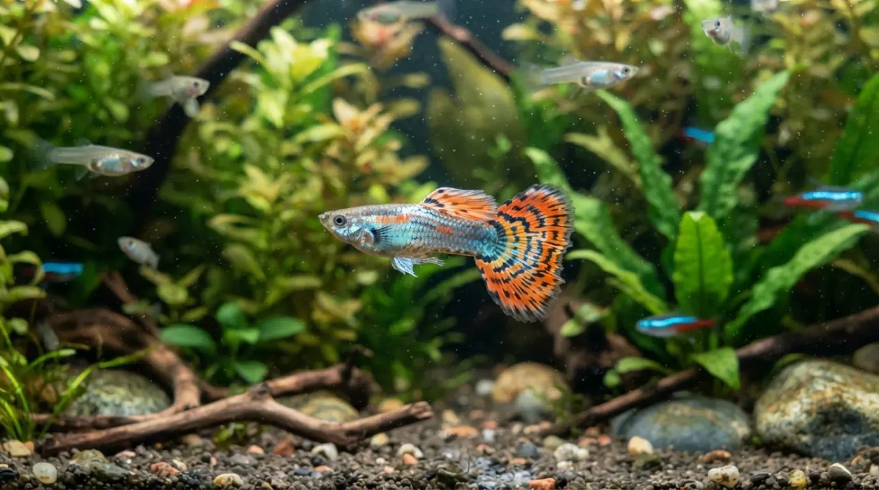 Signs of a Healthy Guppy showing its signature color and pattern in a planted freshwater aquarium