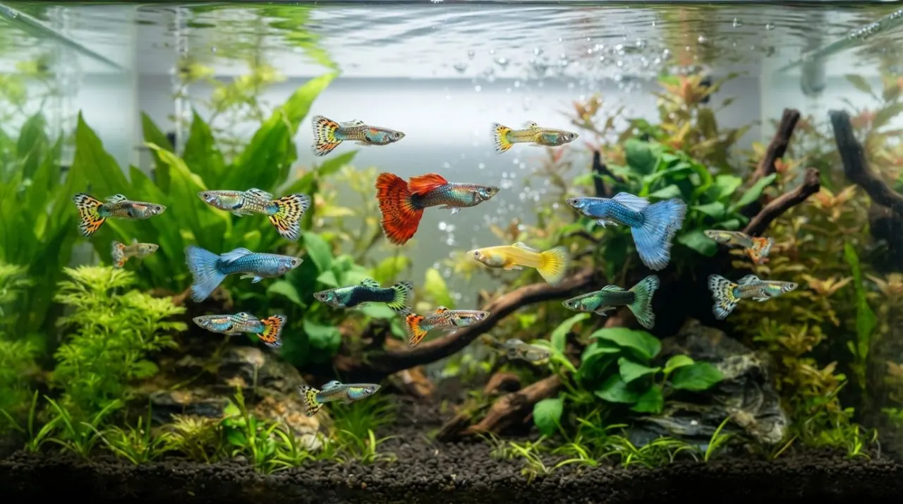 A variety of colorful fancy guppy breeds swimming in a bright planted aquarium