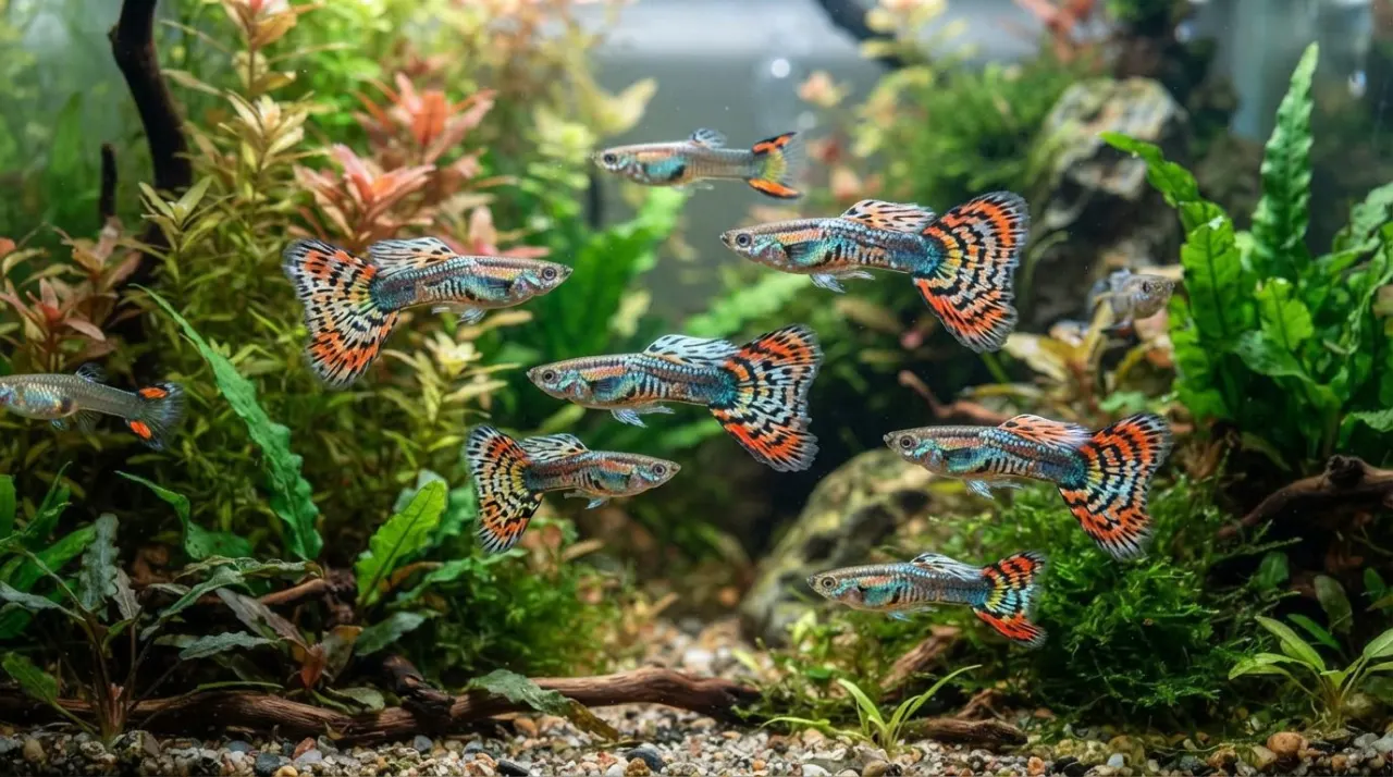 Mosaic guppy with colorful mosaic tail pattern in a planted aquarium