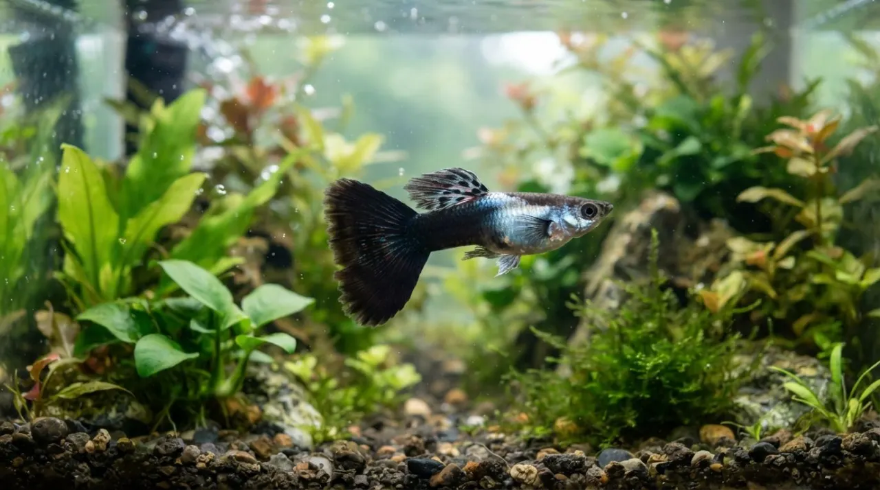 Tuxedo guppy with a dark rear body and colorful fins in a planted aquarium