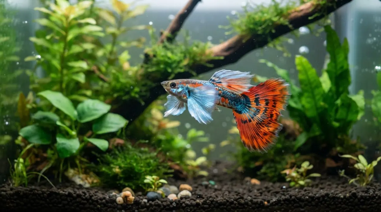 Dumbo Ear guppy with large pectoral fins in a planted aquarium