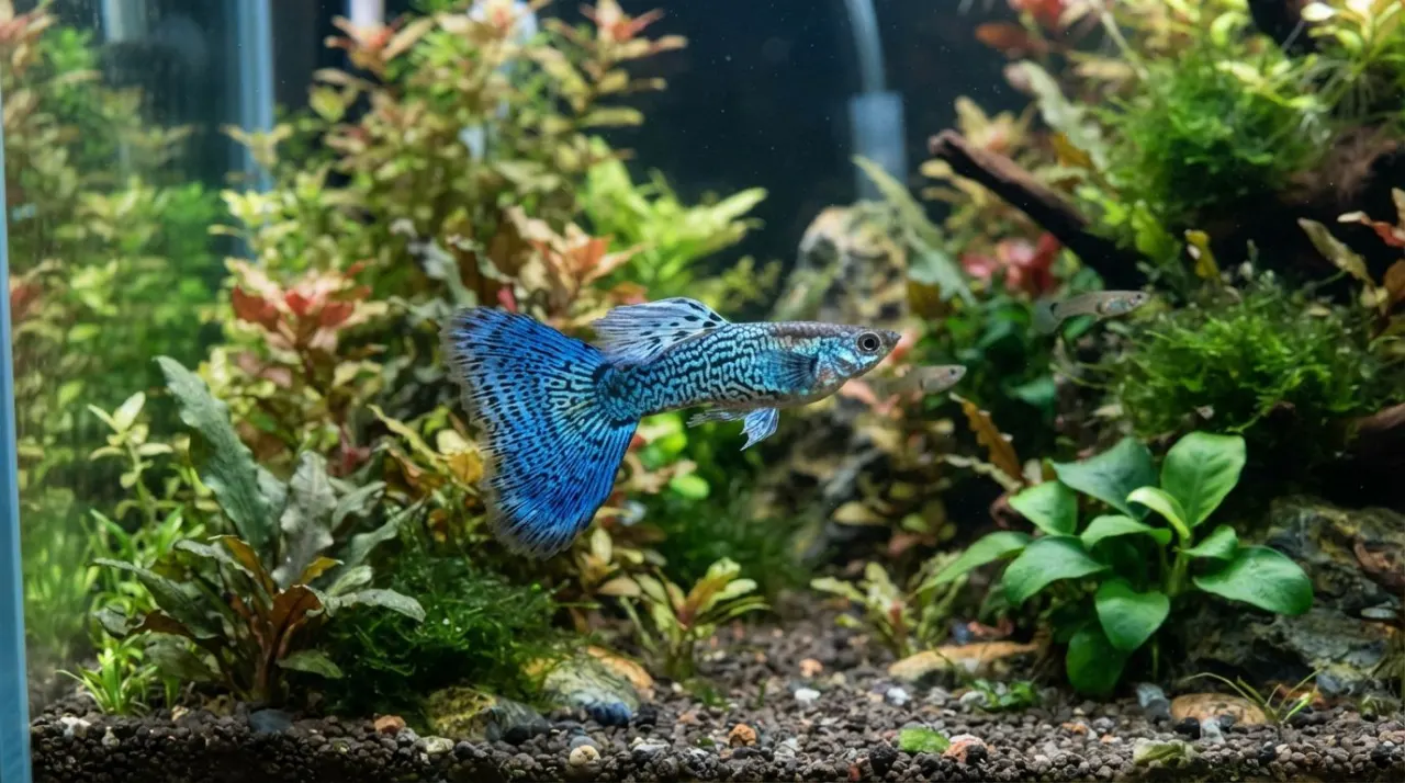 Blue grass guppy with fine blue tail pattern in a planted aquarium
