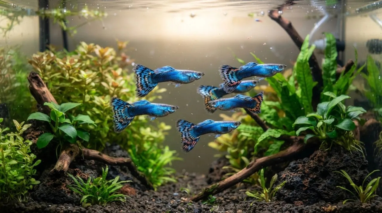Male and female Japan Blue guppies showing metallic blue coloration in a planted aquarium