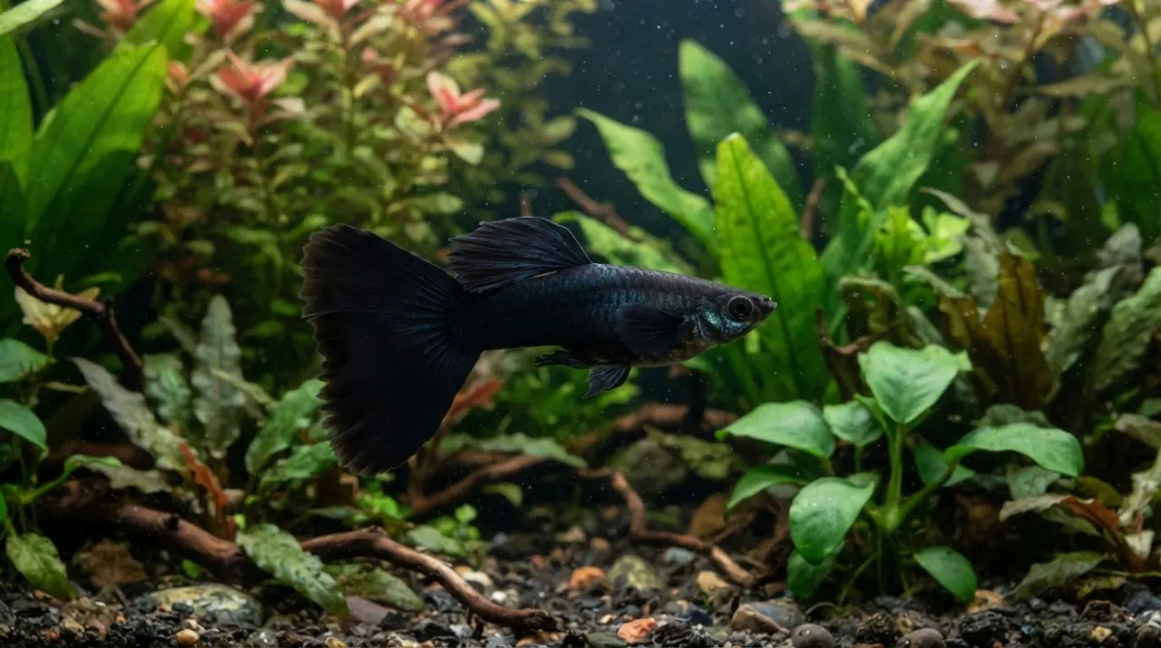 Black Moscow guppy with dark flowing fins in a planted aquarium
