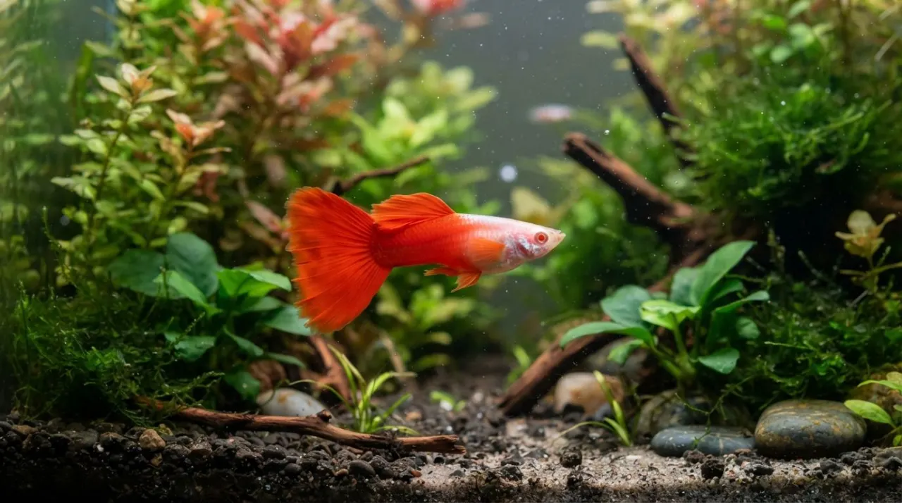 Male and female Full Red guppies showing solid red coloration in a planted aquarium