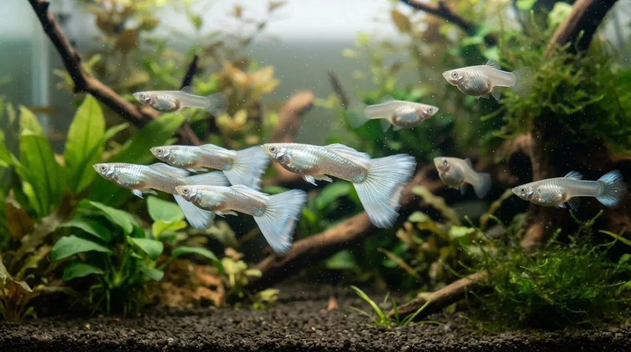 Platinum guppy with metallic silver coloration in a planted tank