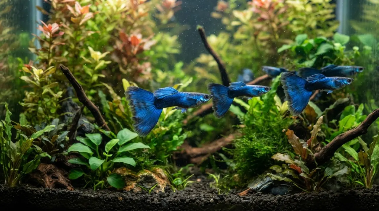 Blue Moscow Guppy showing its signature color and pattern in a planted freshwater aquarium