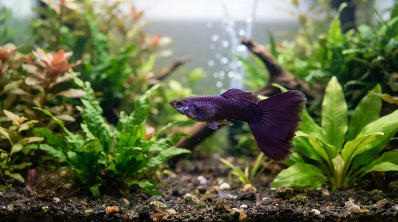 Purple Moscow Guppy showing its signature color and pattern in a planted freshwater aquarium