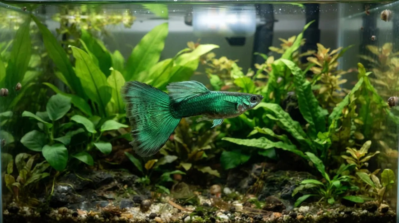Green Moscow Guppy showing its signature color and pattern in a planted freshwater aquarium
