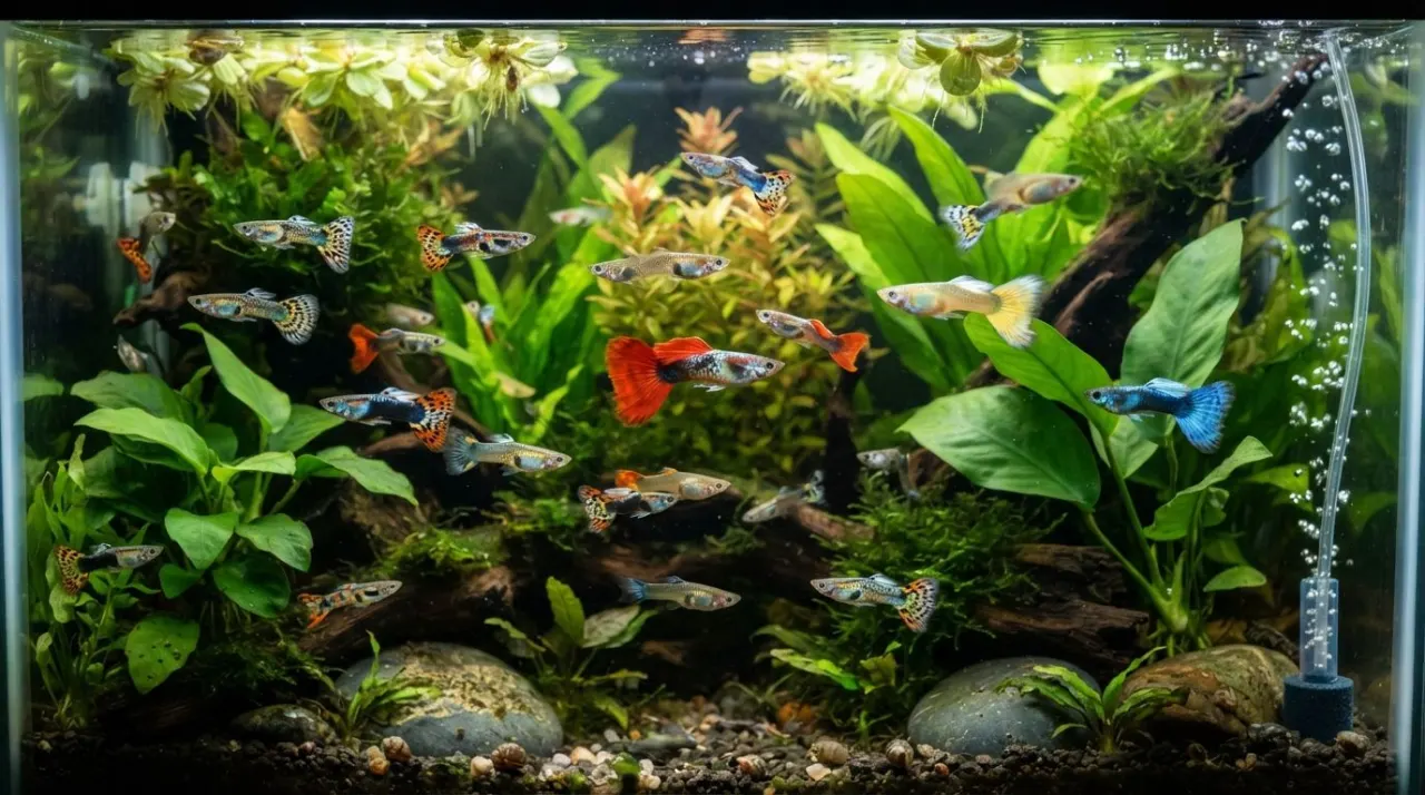 Healthy colorful guppies swimming in a planted freshwater aquarium