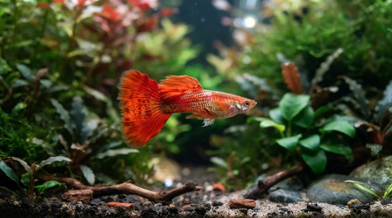 Red Dragon Guppy showing its signature color and pattern in a planted freshwater aquarium