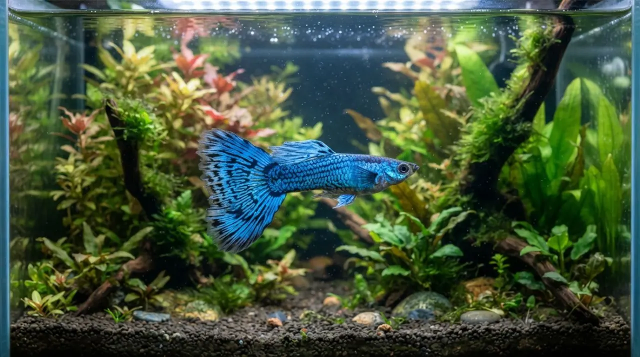 Blue Dragon Guppy showing its signature color and pattern in a planted freshwater aquarium