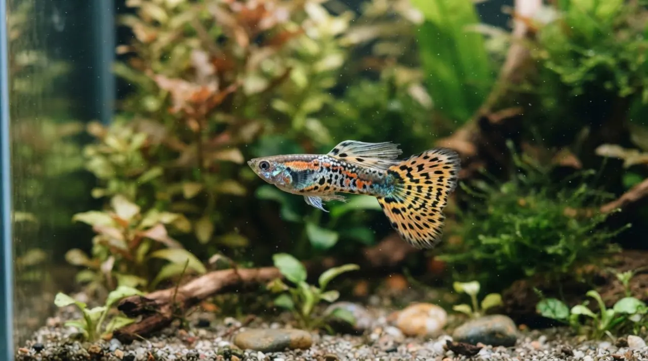 Leopard Guppy showing its signature color and pattern in a planted freshwater aquarium