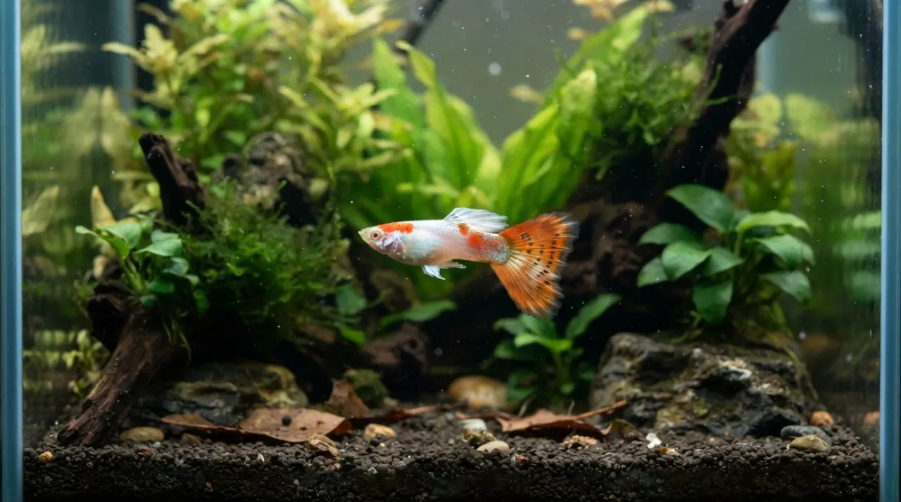 Koi Guppy showing its signature color and pattern in a planted freshwater aquarium