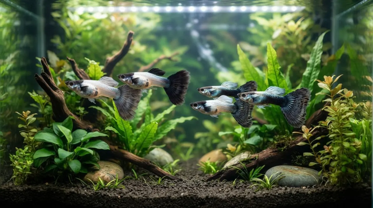 Panda Guppy showing its signature color and pattern in a planted freshwater aquarium