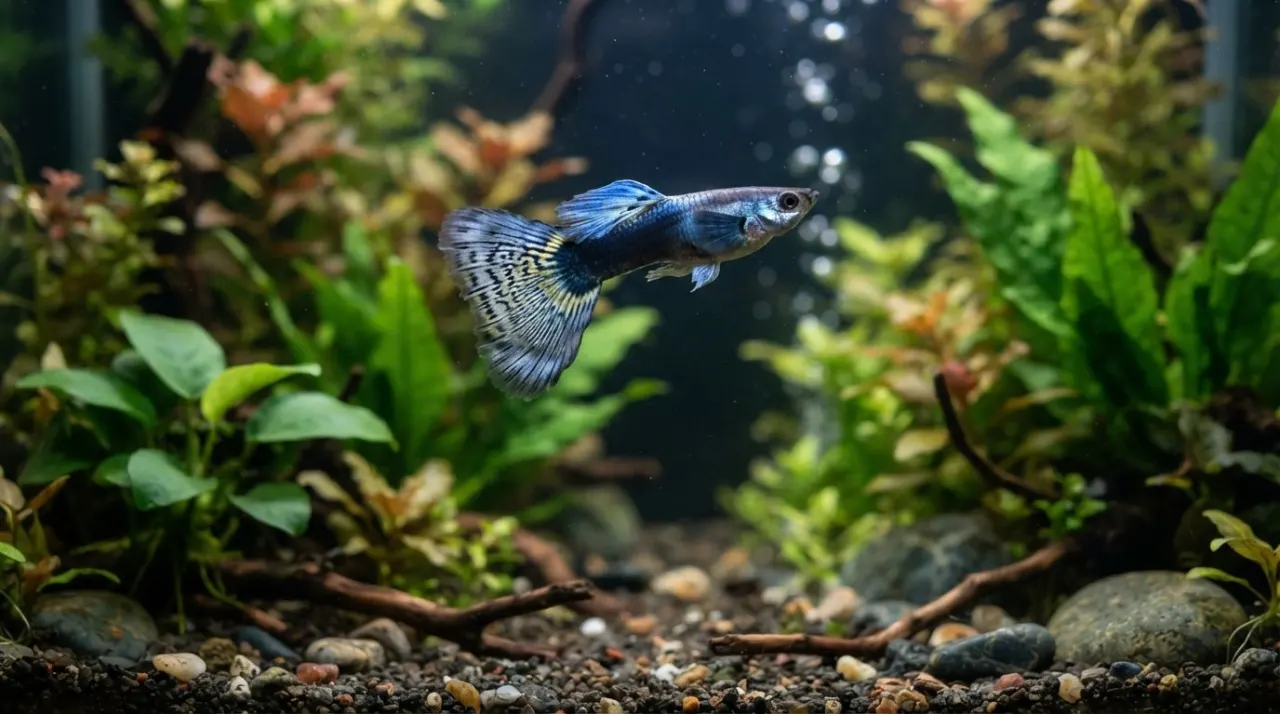 Metalhead Guppy showing its signature color and pattern in a planted freshwater aquarium