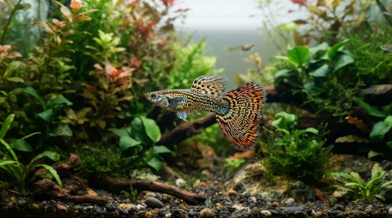 Snakeskin Guppy showing its signature color and pattern in a planted freshwater aquarium