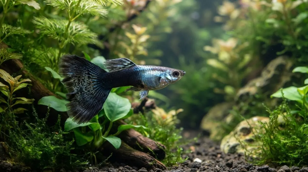 Half Black Guppy showing its signature color and pattern in a planted freshwater aquarium