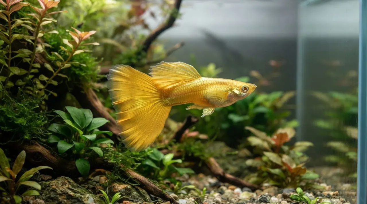 Full Gold Guppy showing its signature color and pattern in a planted freshwater aquarium