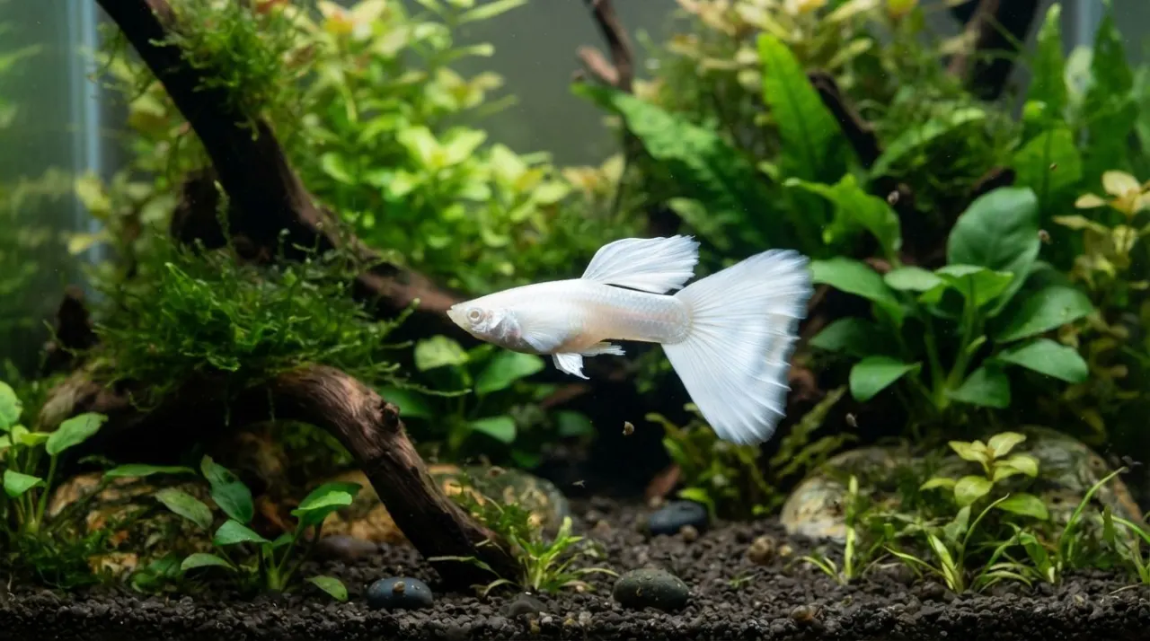 Snow White Guppy showing its signature color and pattern in a planted freshwater aquarium
