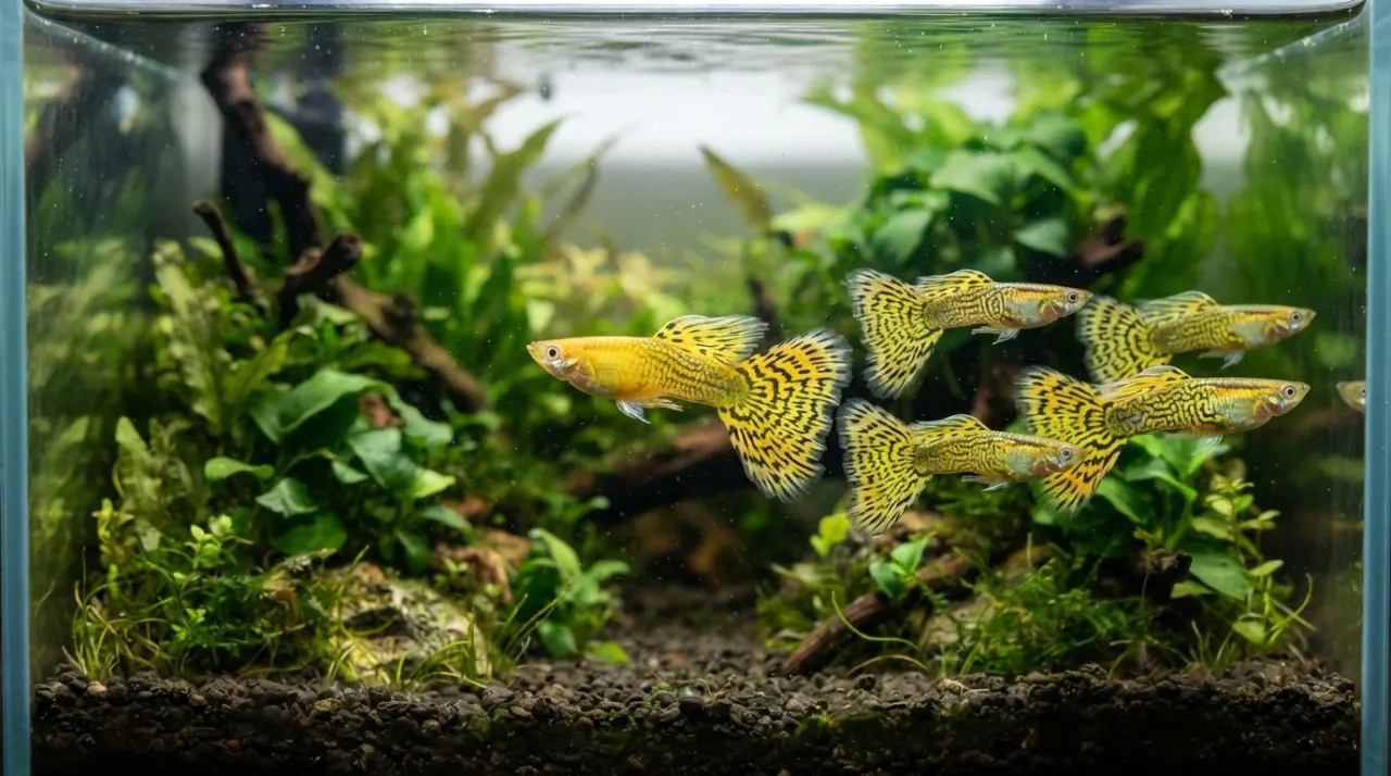 Yellow Cobra Guppy showing its signature color and pattern in a planted freshwater aquarium