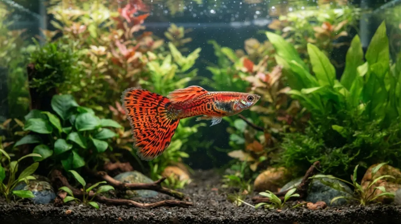 Male and female Cobra guppies showing snakeskin body patterns in a planted aquarium