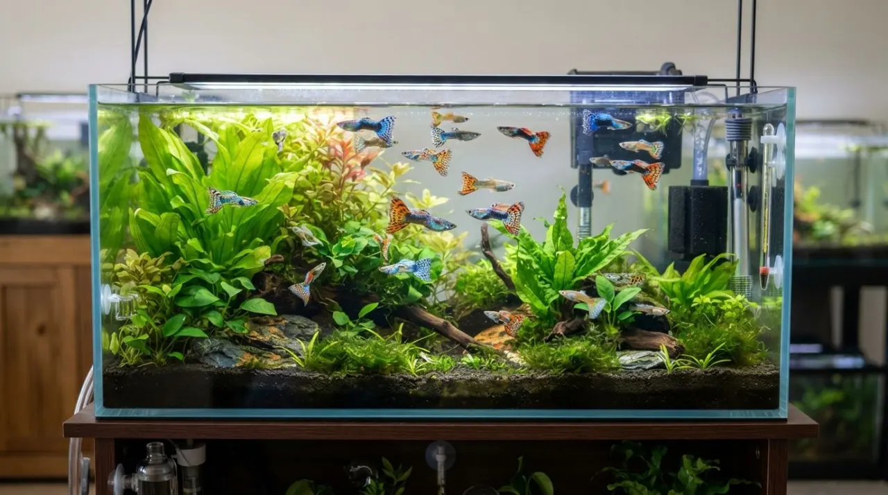Complete guppy aquarium setup with filter, heater, plants, and open swimming space