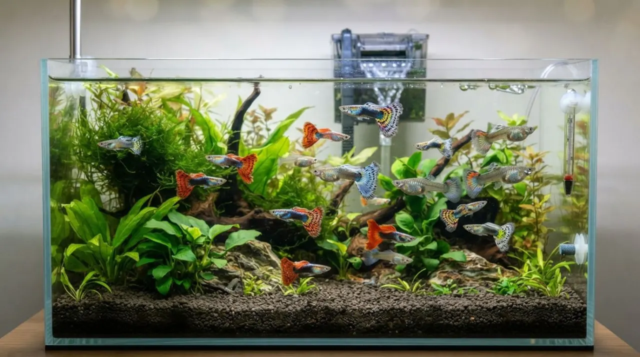 Beginner guppy aquarium with healthy guppies and live plants