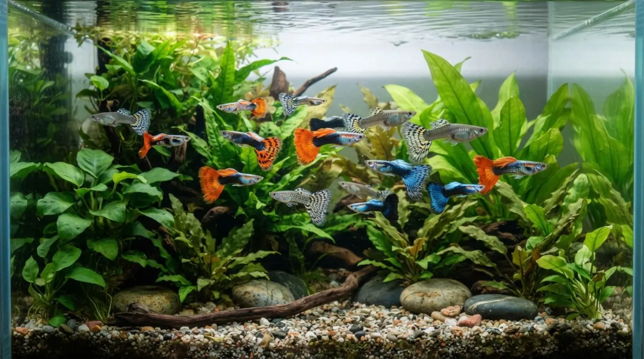 Clear planted guppy aquarium with water testing equipment and healthy guppies