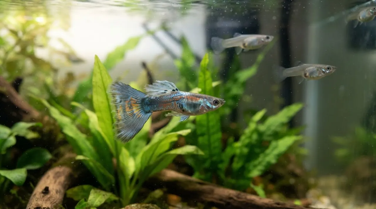 Guppy health check showing a healthy guppy and common warning signs in a clean aquarium