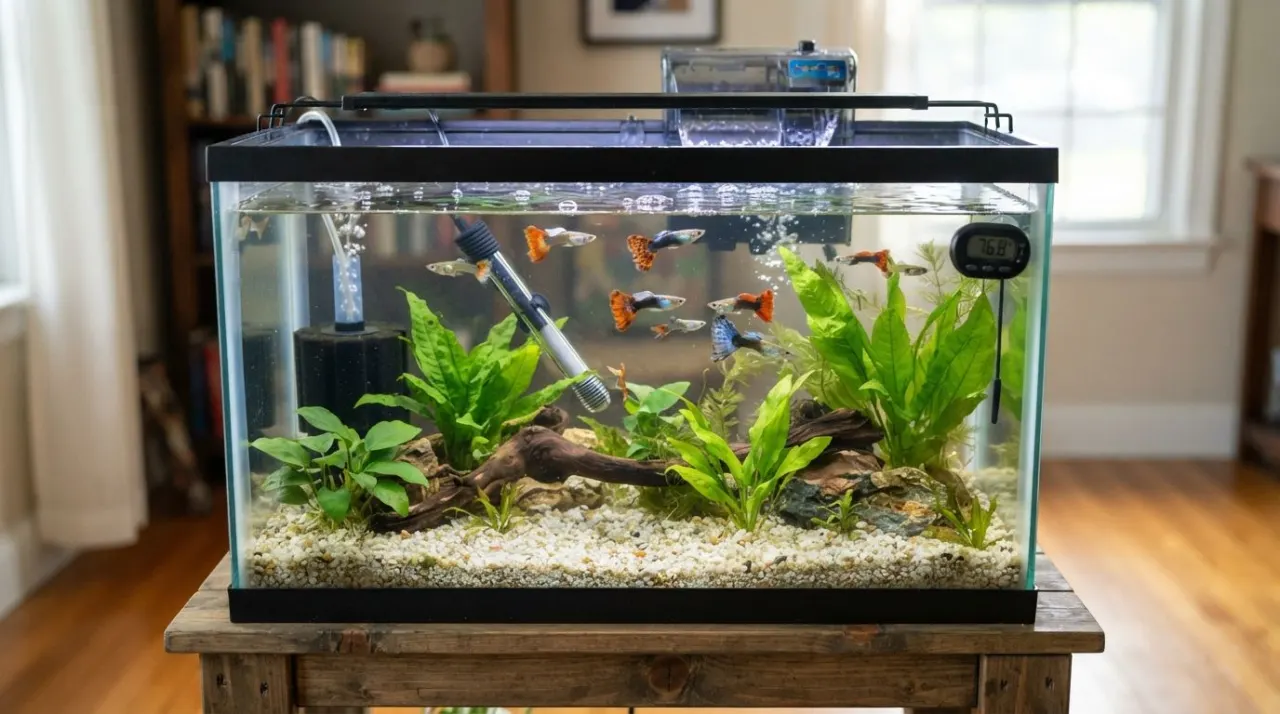 Guppy aquarium cycling with filter, water test kit, and beneficial bacteria illustration