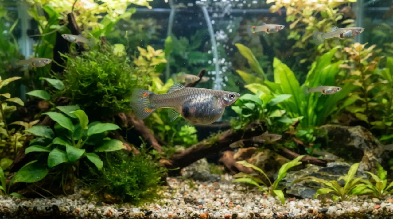 Pregnant female guppy showing a rounded belly and gravid spot in a planted aquarium