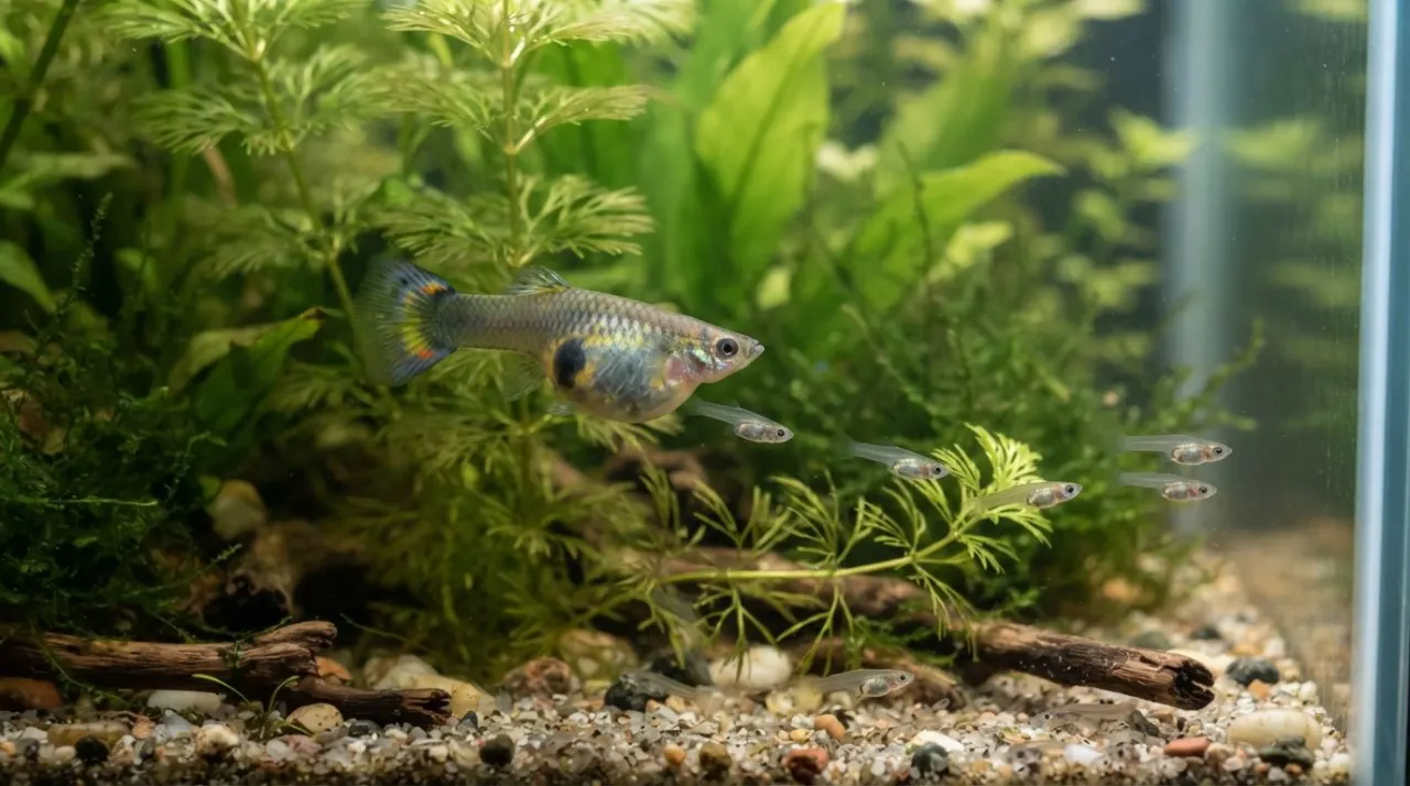 Pregnant guppy near birth with newborn baby guppies in a calm planted aquarium