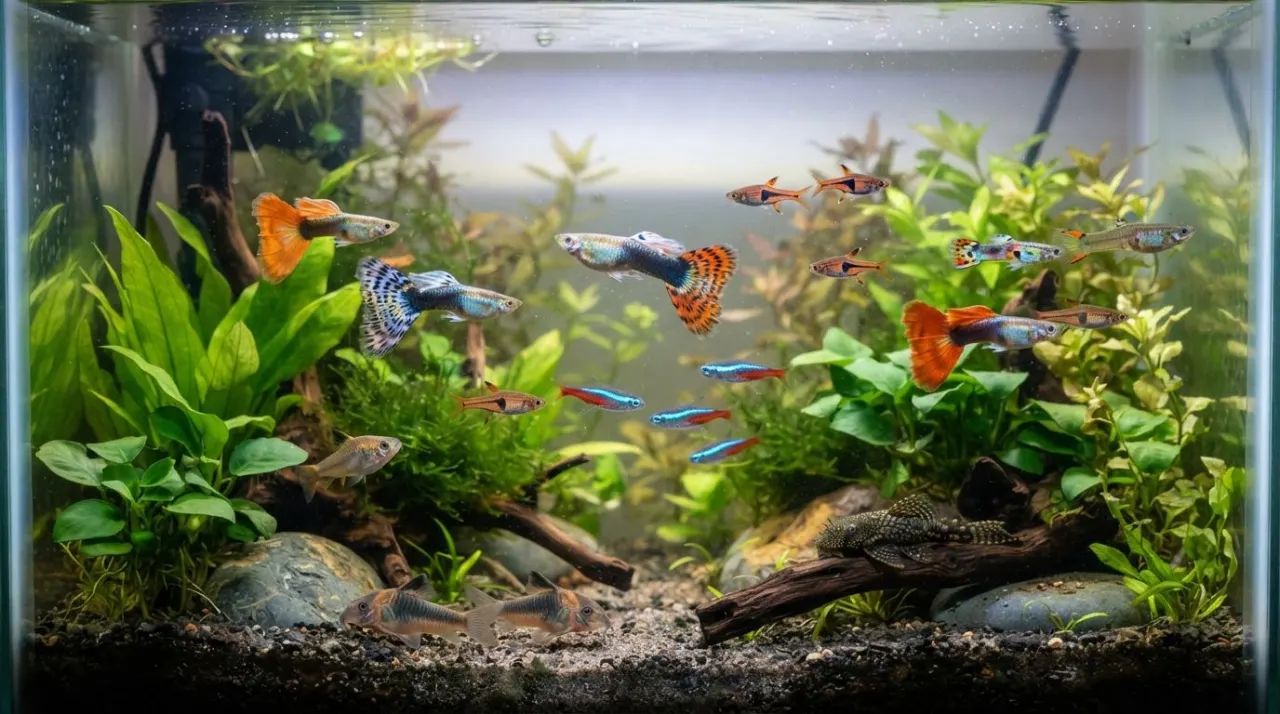 Guppies swimming peacefully with compatible community fish in a planted aquarium