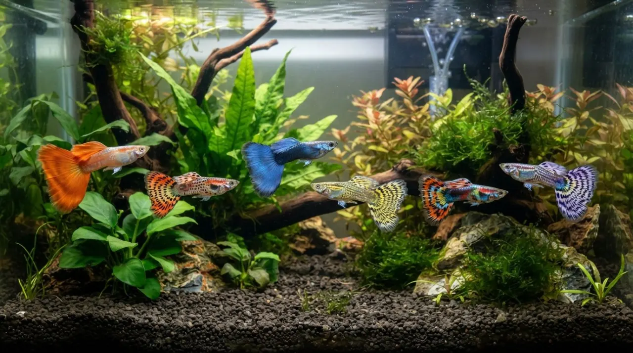 Fancy guppies displaying different tail shapes in a planted aquarium