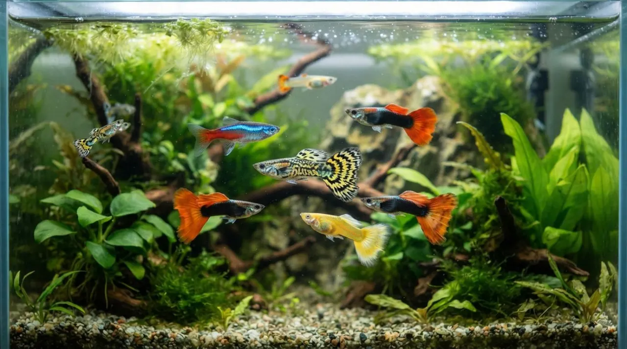 Colorful fancy guppies showing popular colors and patterns in a planted aquarium