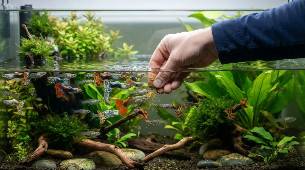 Guppies feeding on small tropical fish food in a clean planted aquarium