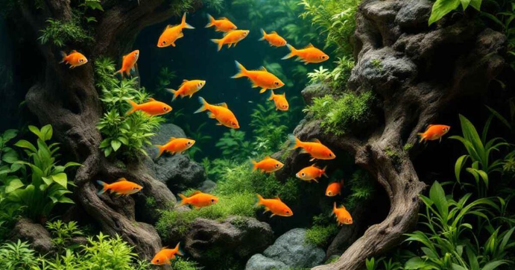 A peaceful community tank featuring Ember Tetra