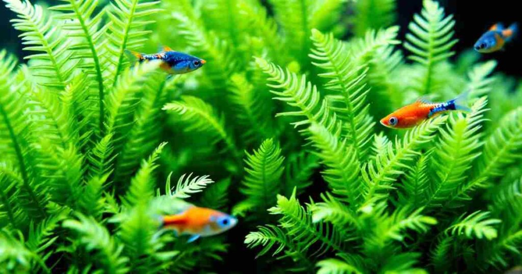 Hornwort plant with long needle-like leaves providing habitat for guppies in an aquarium